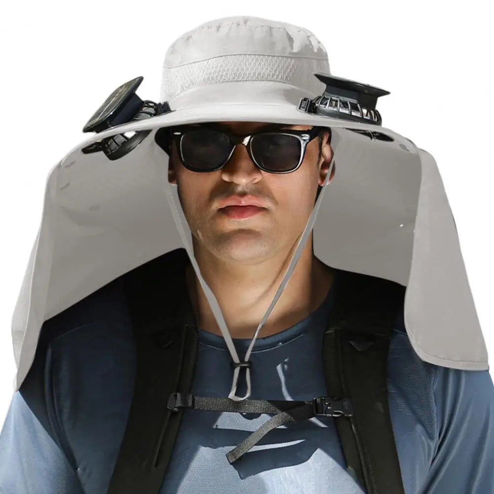 Solar Fan Hat with Neck Flap USB Rechargeable UV Dual Cooling Fan Fishing Hat Fisherman Hiking Mountaineering Sun Hat