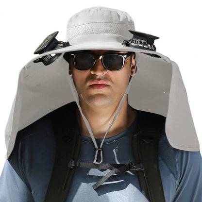 Solar Fan Hat with Neck Flap USB Rechargeable UV Dual Cooling Fan Fishing Hat Fisherman Hiking Mountaineering Sun Hat