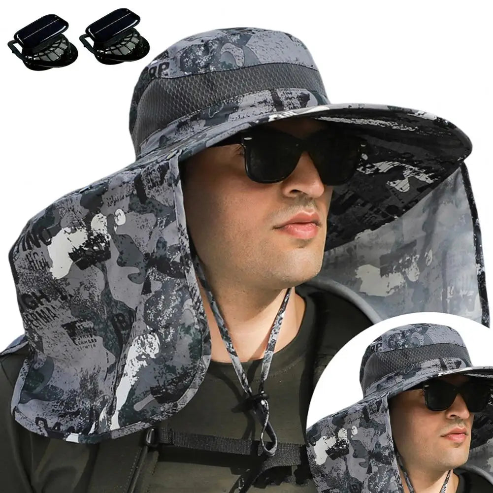 Solar Fan Hat with Neck Flap USB Rechargeable UV Dual Cooling Fan Fishing Hat Fisherman Hiking Mountaineering Sun Hat