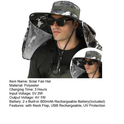 Solar Fan Hat with Neck Flap USB Rechargeable UV Dual Cooling Fan Fishing Hat Fisherman Hiking Mountaineering Sun Hat