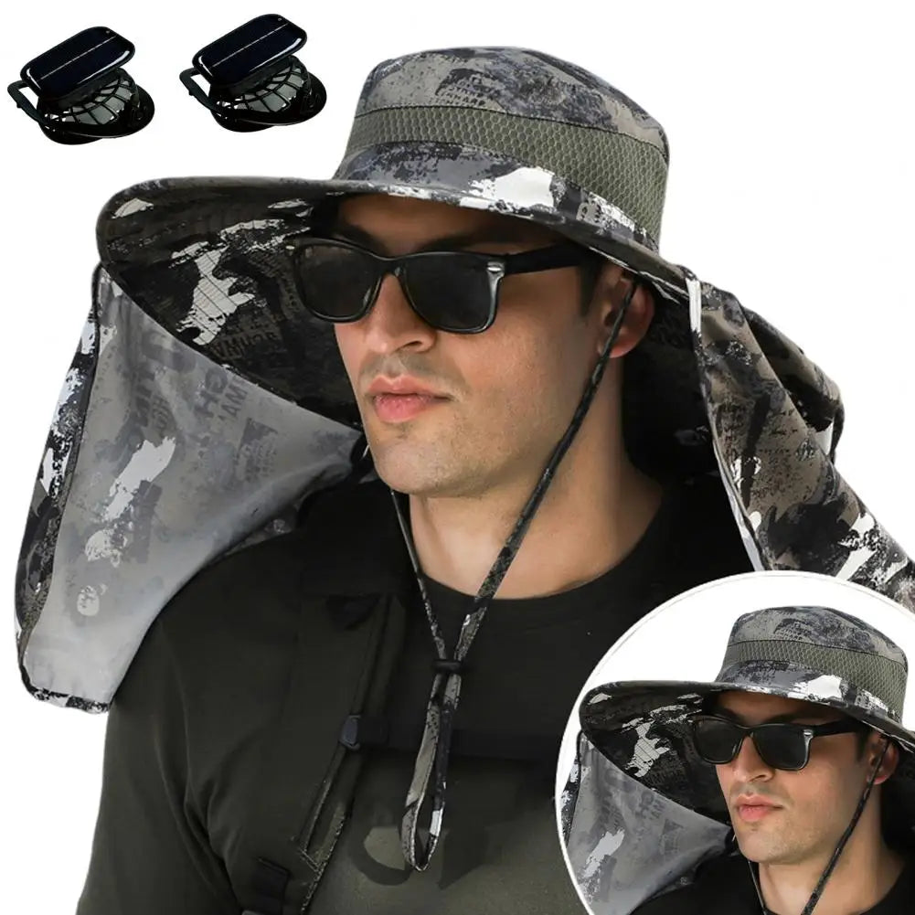 Solar Fan Hat with Neck Flap USB Rechargeable UV Dual Cooling Fan Fishing Hat Fisherman Hiking Mountaineering Sun Hat
