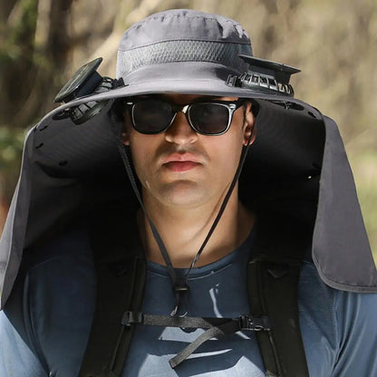 Solar Fan Hat with Neck Flap USB Rechargeable UV Dual Cooling Fan Fishing Hat Fisherman Hiking Mountaineering Sun Hat