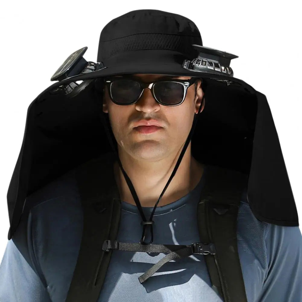 Solar Fan Hat with Neck Flap USB Rechargeable UV Dual Cooling Fan Fishing Hat Fisherman Hiking Mountaineering Sun Hat
