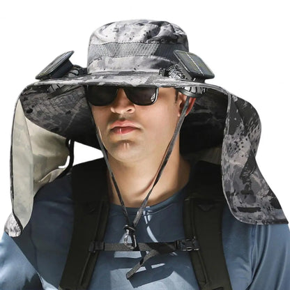 Solar Fan Hat with Neck Flap USB Rechargeable UV Dual Cooling Fan Fishing Hat Fisherman Hiking Mountaineering Sun Hat