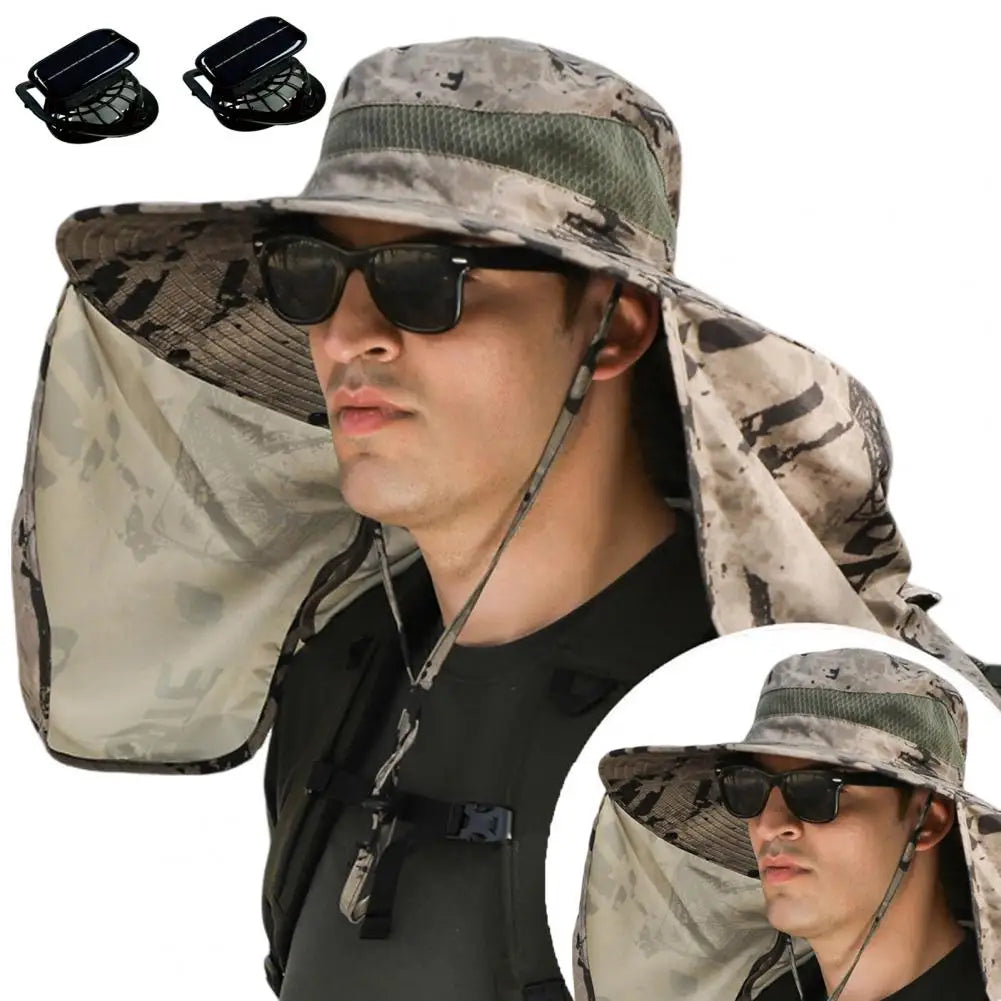 Solar Fan Hat with Neck Flap USB Rechargeable UV Dual Cooling Fan Fishing Hat Fisherman Hiking Mountaineering Sun Hat