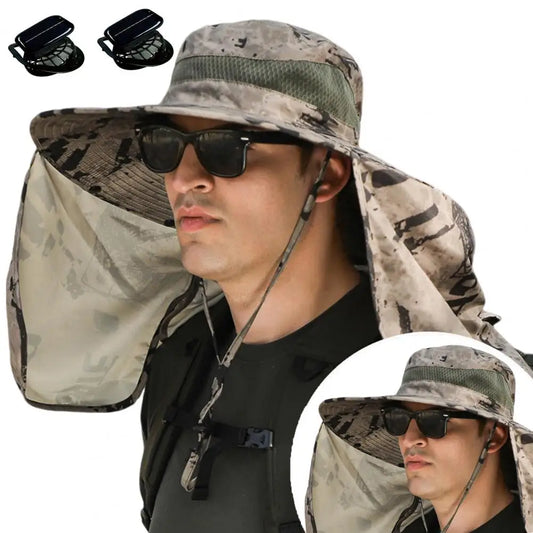Solar Fan Hat with Neck Flap USB Rechargeable UV Dual Cooling Fan Fishing Hat Fisherman Hiking Mountaineering Sun Hat