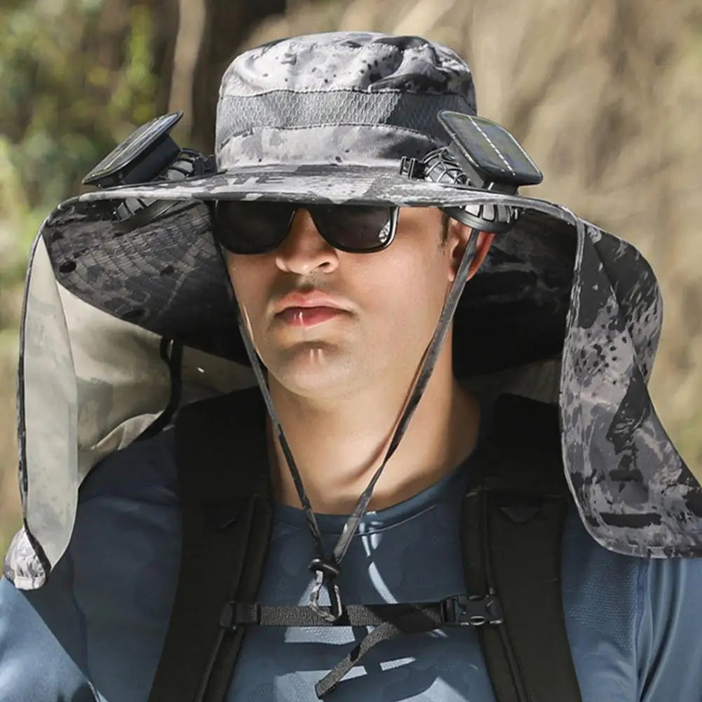 Solar Fan Hat with Neck Flap USB Rechargeable UV Dual Cooling Fan Fishing Hat Fisherman Hiking Mountaineering Sun Hat