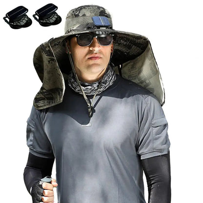 Solar Fan Hat with Neck Flap USB Rechargeable UV Dual Cooling Fan Fishing Hat Fisherman Hiking Mountaineering Sun Hat