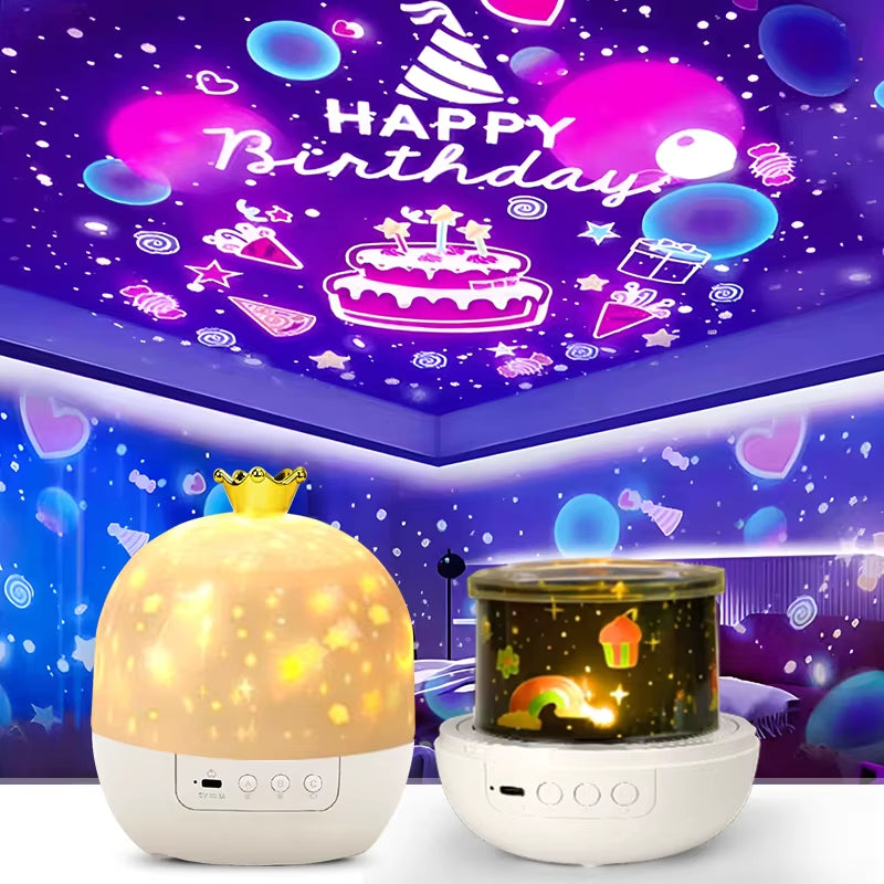 Crown Star Light Projection Rotating Star Bedroom Ceiling Atmosphere Night Lamp Stars Childrens Birthday Gift with Films Sheet